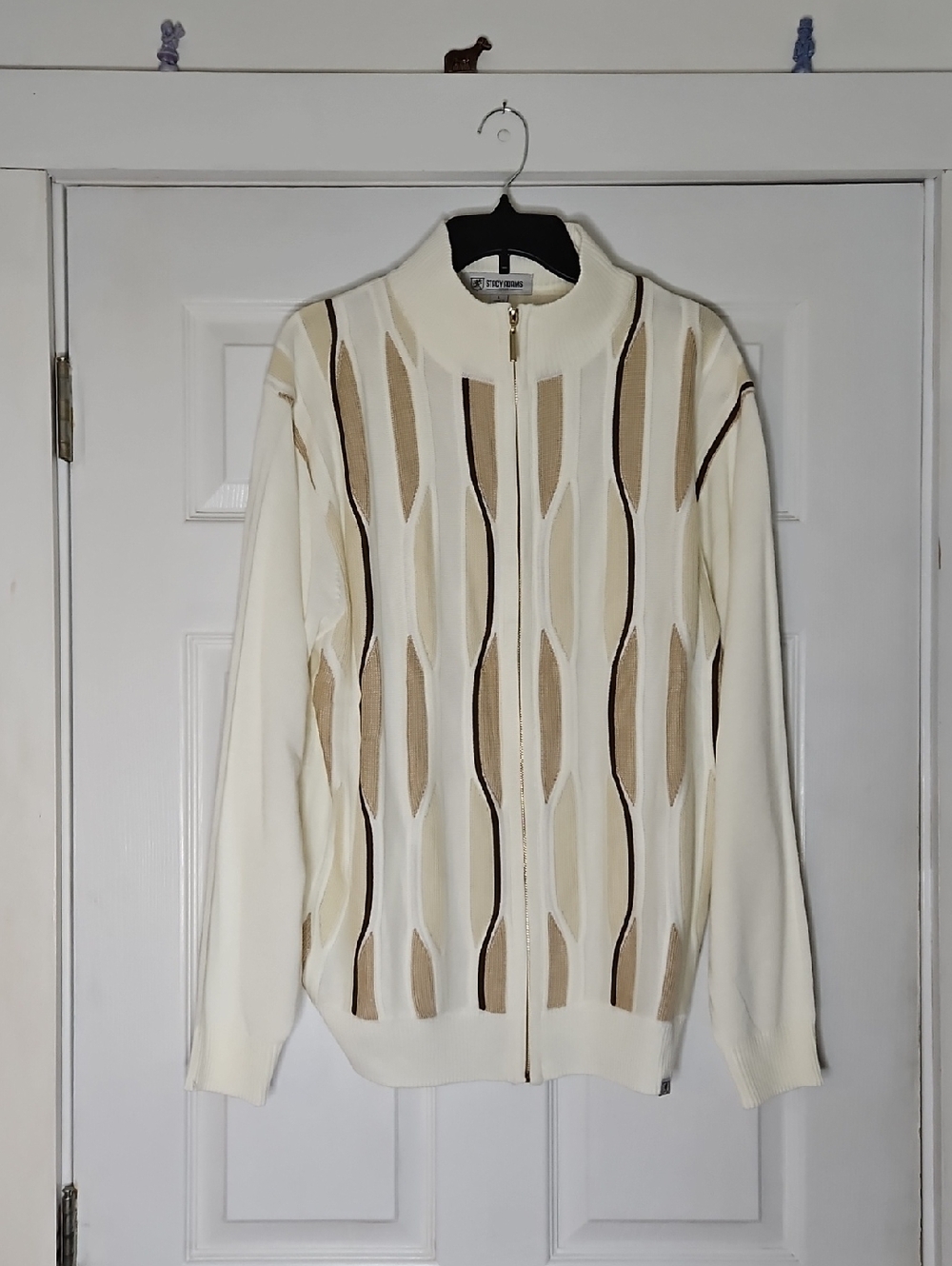 Stacy Adams Cream Knit Zip Sweater with Brown Accent